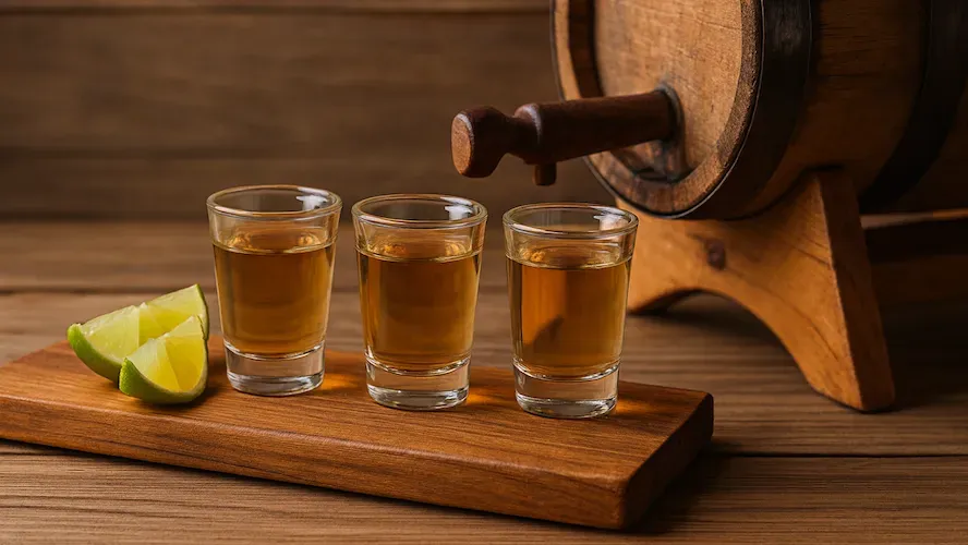cachaça barrel and three shots of premium spirit